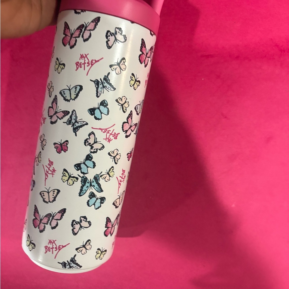 Betsey Johnson Pink and White Butterfly Tumbler